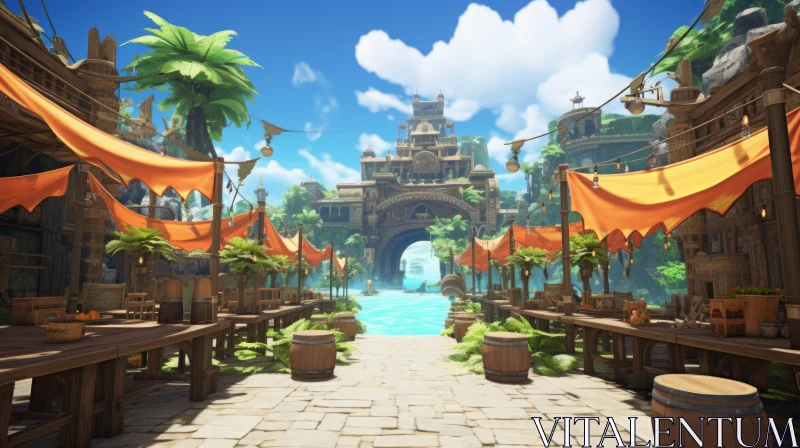 AI ART Captivating Video Game Scene: Orange Sandeal and Boat in Tropical Baroque Style