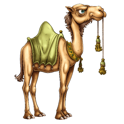 POD Design Cartoon Camel with Gold and Green Saddle Illustration