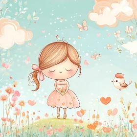 Whimsical Girl in Flower Field Illustration