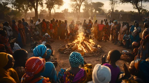 Traditional Community Bonfire at Sunset