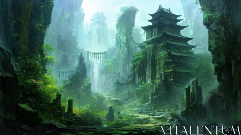 Digital Painting of a Ruined City in a Jungle - Post-apocalyptic Art AI Image