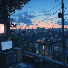 Rooftop Office View of City at Dusk