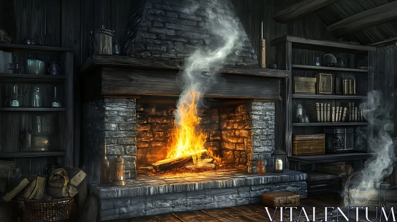 Cozy Interior with Fireplace and Bookshelves AI Image