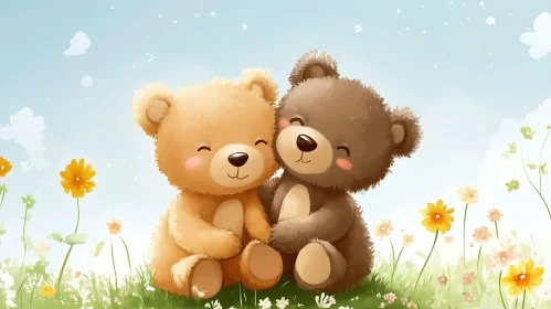 Watercolor Teddy Bears Hugging in Flowers