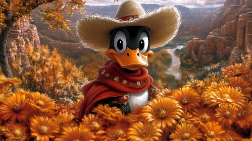 Whimsical Cartoon Duck Amidst Autumn Blooms