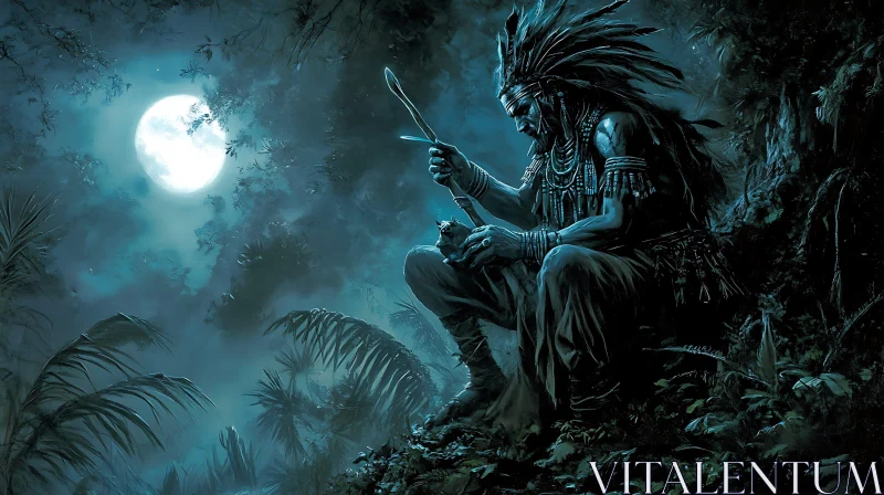 AI ART Tribal Man with Blade Under Moonlight