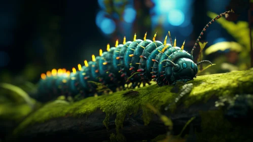 Fantasy Realism: Blue Caterpillar's Adventure in a Mossy Forest