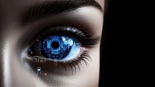 Futuristic Pop Art: Woman's Smart Eye in Cyberpunk Dystopia
