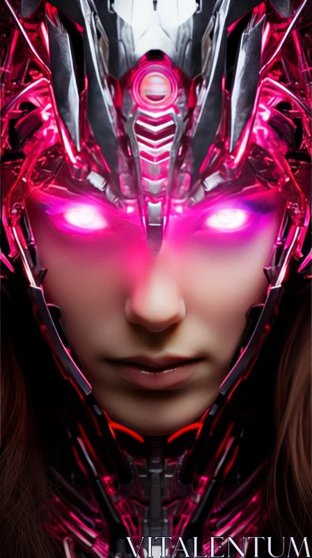 Mystical Lady with Glowing Pink Eyes and Armor AI Image