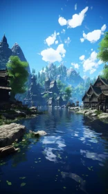 Tranquil Village Surrounded by Trees and Water