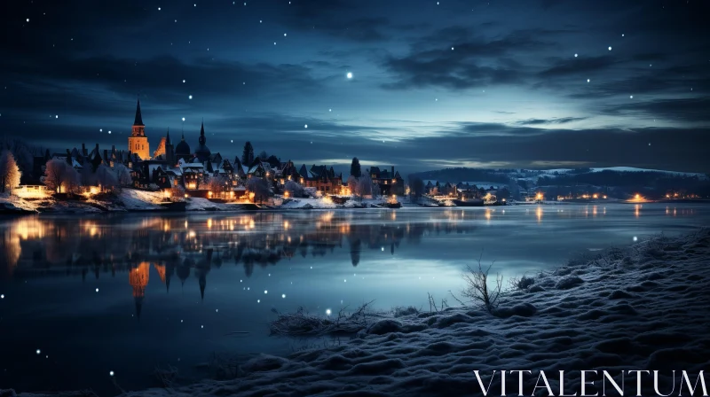 Winter Nightscape: A Riverside Town Under a Starlit Sky AI Image
