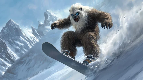 Snowboarding Yeti on Snowy Mountain