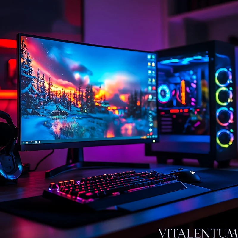 RGB Gaming Setup with Curved Monitor & LED PC AI Image