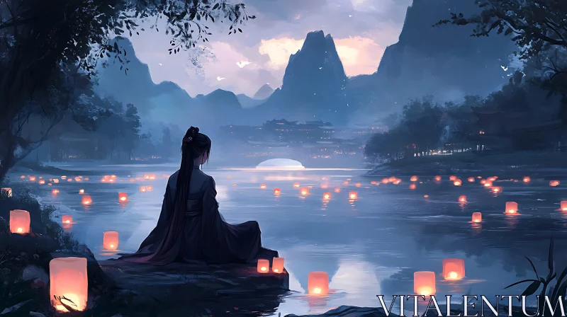 Serene Lakeside Lanterns AI Image