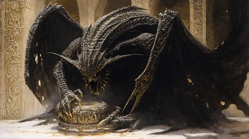 Dragon Resting Near Ornate Vessel