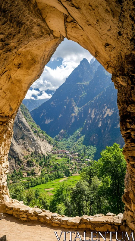 AI ART Majestic Mountain Valley Framed by Cave