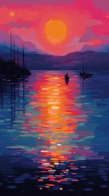Tranquil Sunset Seascape with Boat Silhouettes