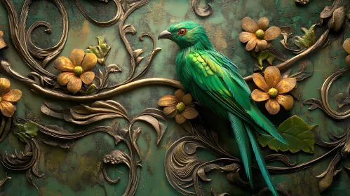 Green Bird with Flowers Decoration Image