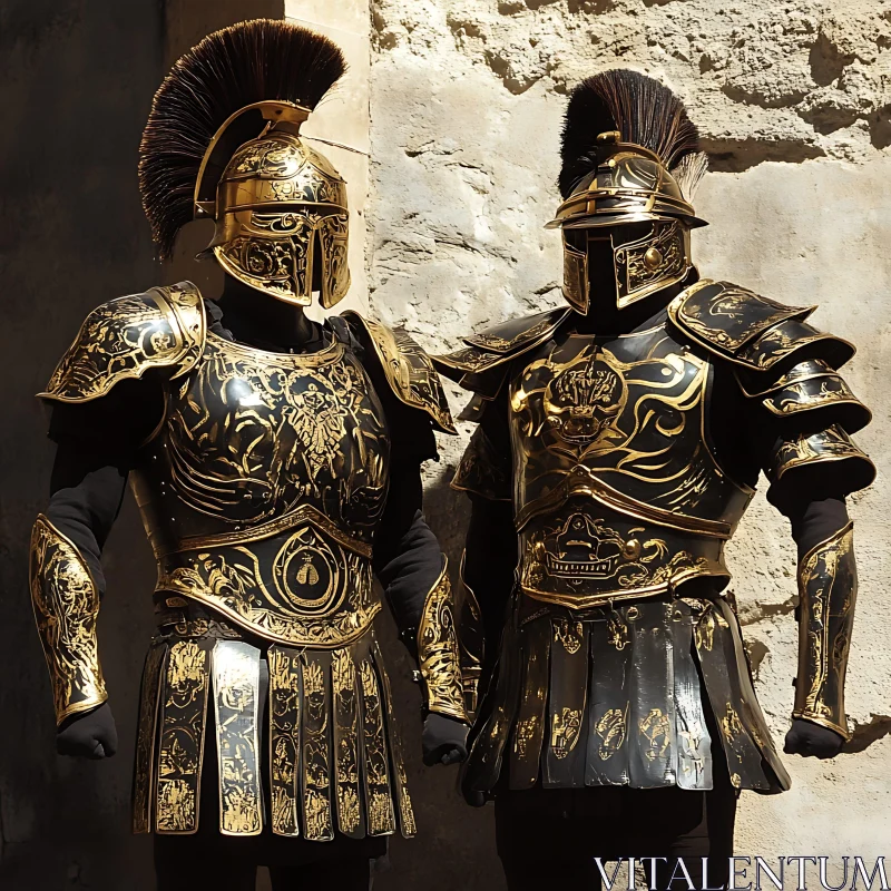 AI ART Golden Armor Figures Against Stone Wall