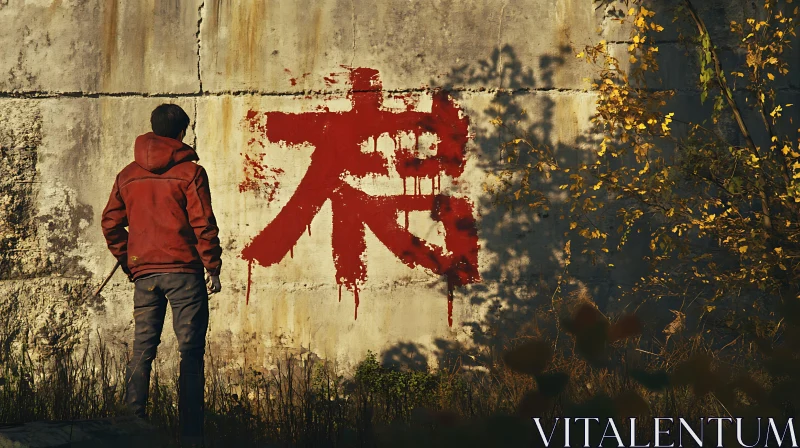 AI ART Man in Red Hoodie Contemplates Graffiti