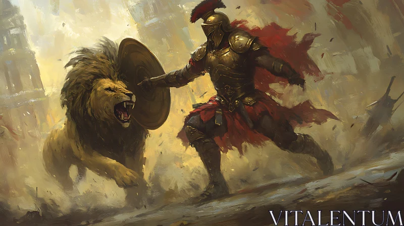 Ancient Battle: Warrior vs Lion AI Image