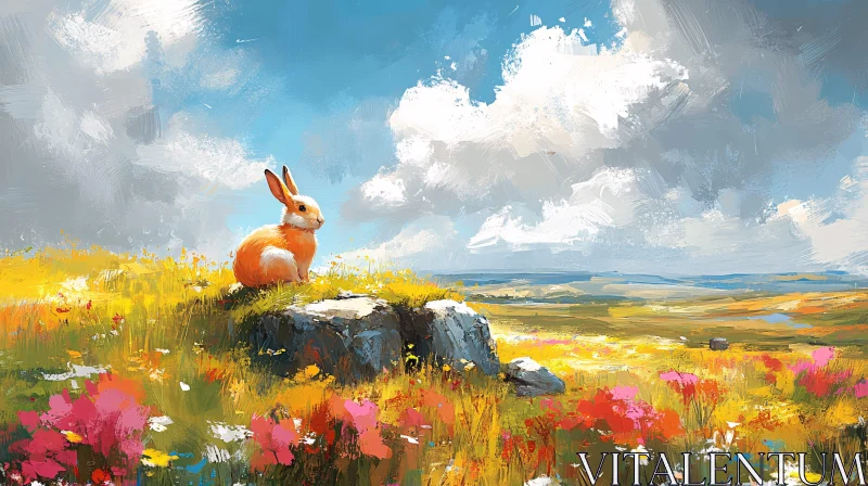 Serene Meadow with Rabbit Resting on Rock AI Image