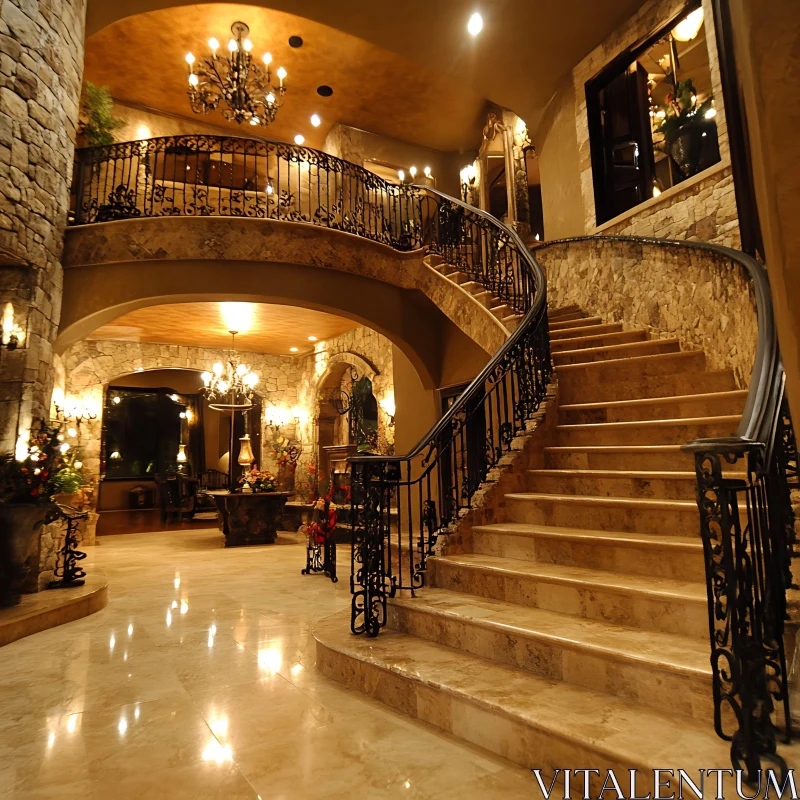 AI ART Opulent Home Interior Featuring Marble Staircase and Stone Walls