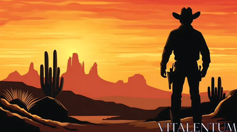 AI ART Sunset Silhouette of Cowboy in Desert