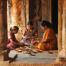 Indian Women in Temple Preparing Food