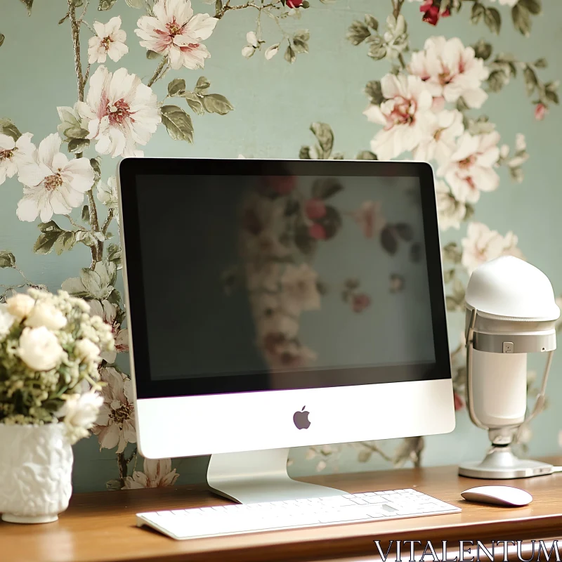 Minimalist Office Desk with Flowers AI Image