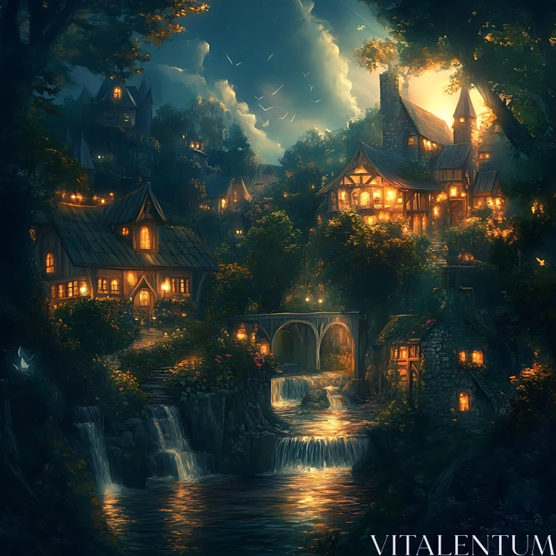 Nighttime Village by the River AI Image