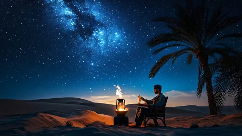 Man Contemplating Desert Landscape at Night