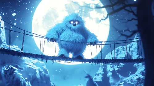 Fluffy Blue Monster on Rope Bridge