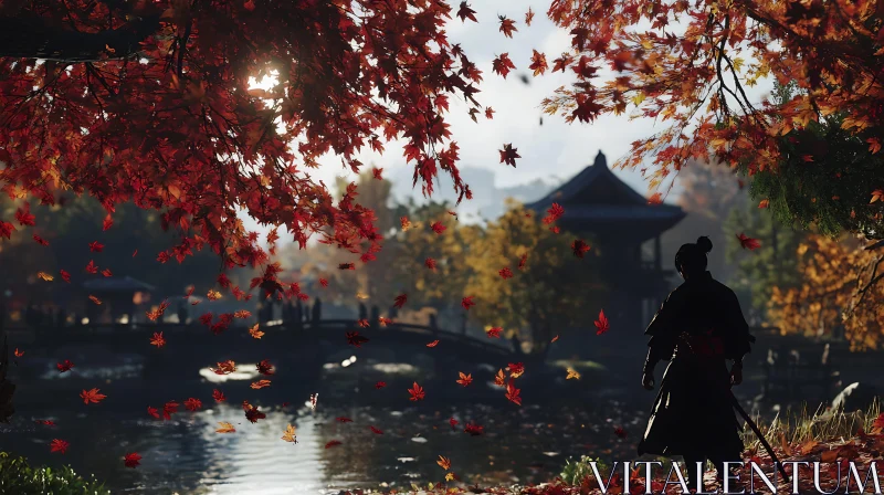 Autumnal Samurai Silhouette in Japanese Garden AI Image