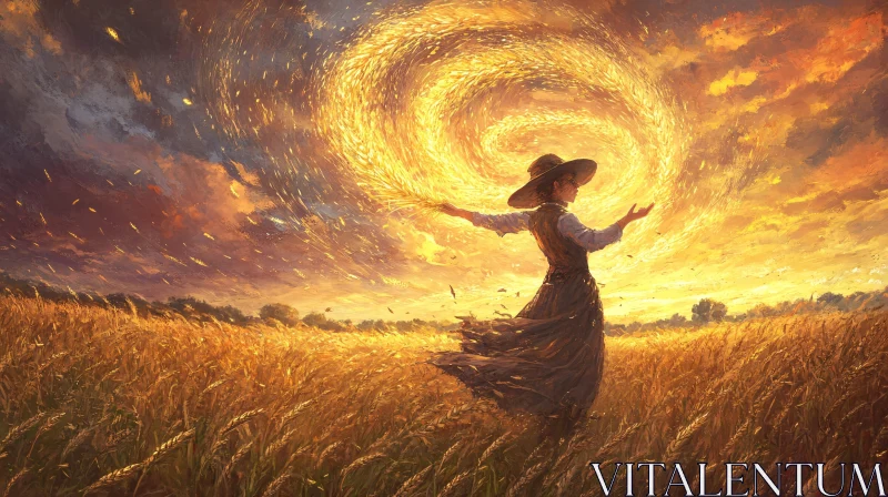 AI ART Woman in Wheat Field at Sunset