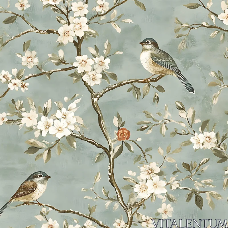 Birds and Blossoms in Pastel Tones AI Image