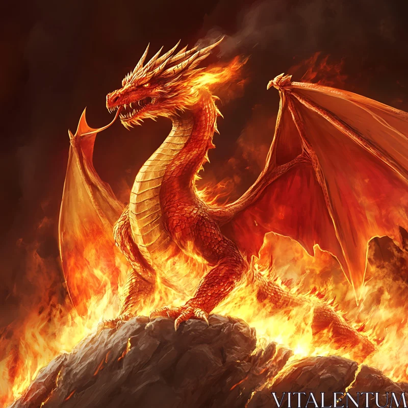 AI ART Red Dragon on Fire Rock