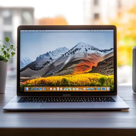 Laptop with Mountain Landscape Wallpaper on Office Desk
