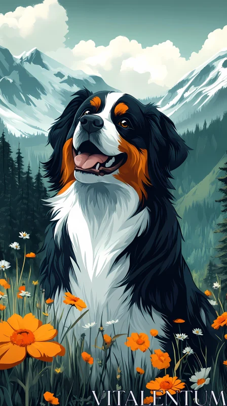 Dog Among Mountain Blooms AI Image