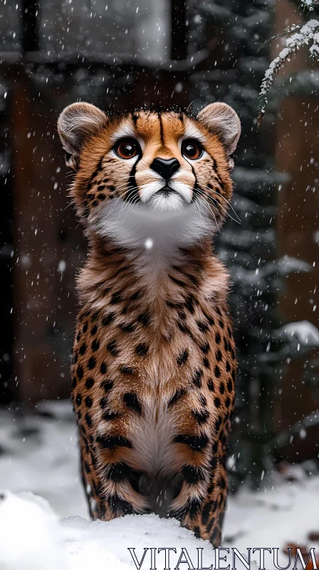 AI ART Cheetah Cub Amidst Snowflakes