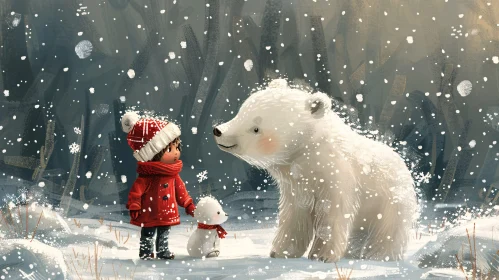 Snowy Encounter: Child and Bear Artwork