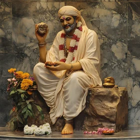 Religious Statue with Offerings and Flowers