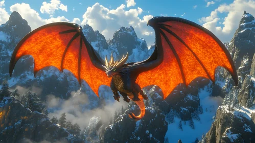 Dragon Soaring Above Snowy Peaks