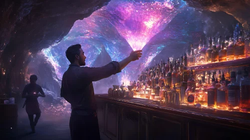 Cavern Bar with Bartender and Cosmic Light