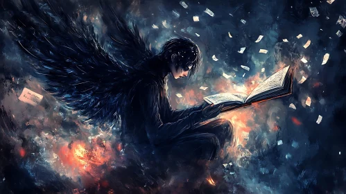 Melancholic Angel with Book and Wings