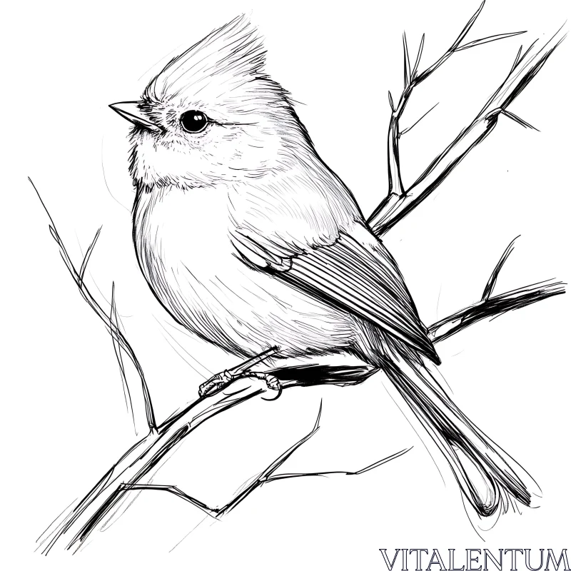 Monochrome Bird Perched Illustration AI Image