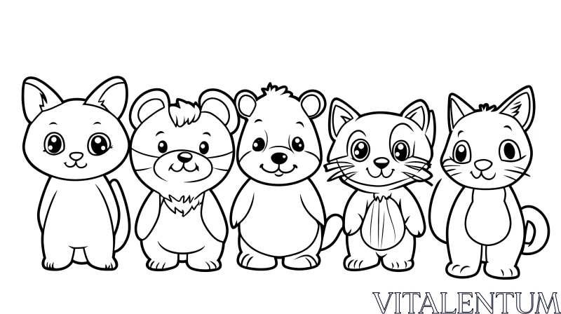 Cute Cartoon Animal Characters in Black and White AI Image