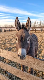 Donkey Gazing Over Farm Fence