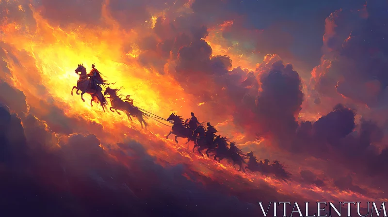 Flaming Charioteers Racing Through Sunset Clouds AI Image