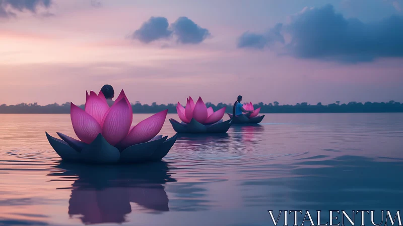 Floating Lotus Flowers at Dusk AI Image